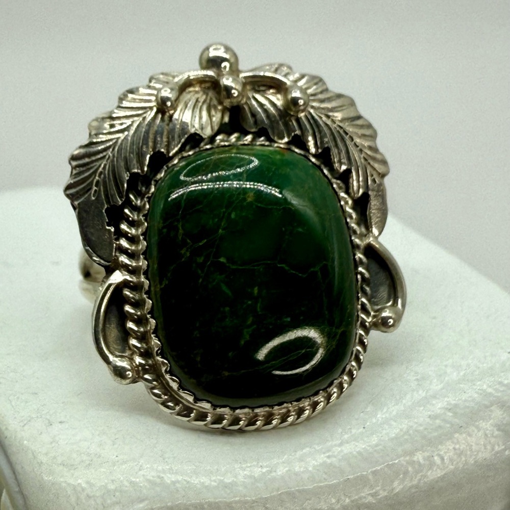 Navajo Artisan Sterling Silver Green Jasper Statement Ring Signed R.B Bear Stamp